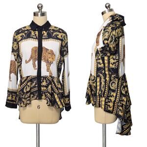 STATEMENT M2 MOCHA Apparel Hi Lo Cheetah Print Button Up Top Blouse  M L